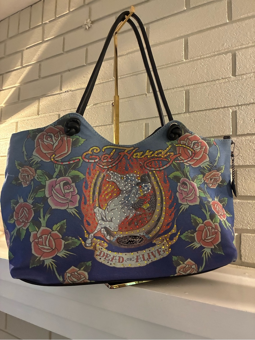 Ed Hardy Blue Floral 'Dead or Alive' Shoulder Tote Bag MSRP $100